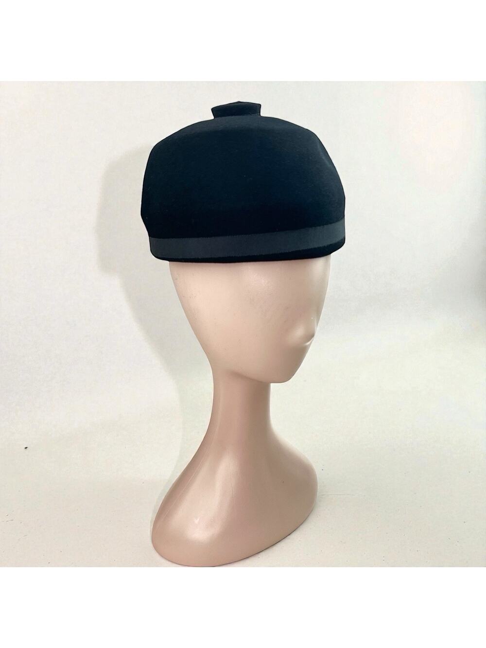Vintage 1960s Black Fur Felt Pillbox Helmet Hat Mod Style
